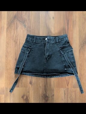Black Denim Cargo Mini Skirt with Strap Details